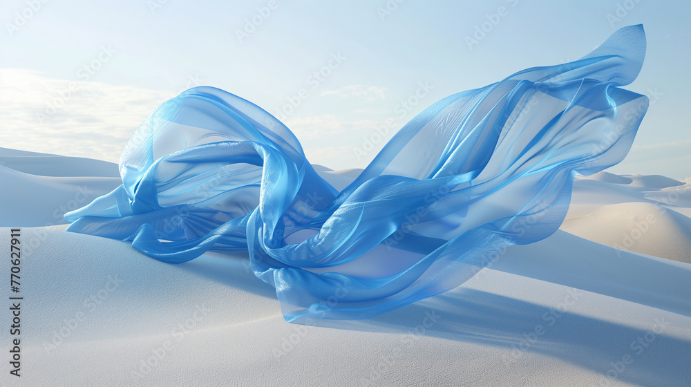Fototapeta premium Blue chiffon blowing in the wind on a sand dune