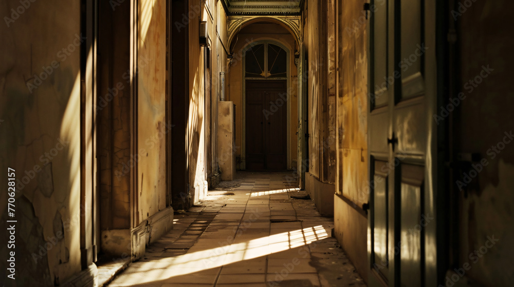 A narrow shadow-filled hallway in an old building with doors leading to unknown destinies.