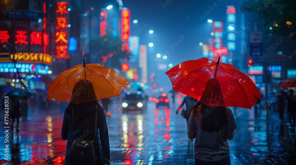 stormy night,  thunder and pedestrians walking on the road with umbrellas