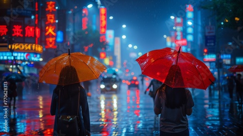 stormy night, thunder and pedestrians walking on the road with umbrellas