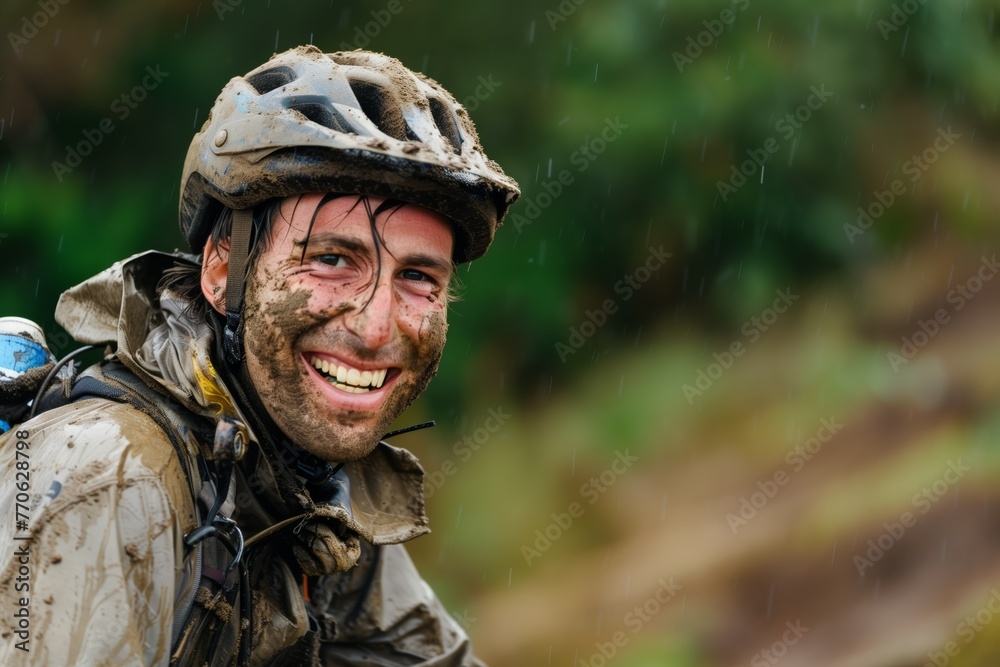 biker with muddy face smiling postrace