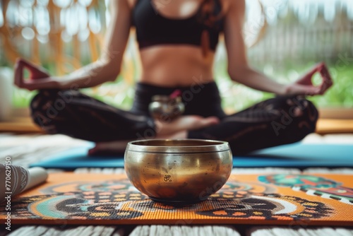 young adult on a yoga mat in lotus position with a singing bowl