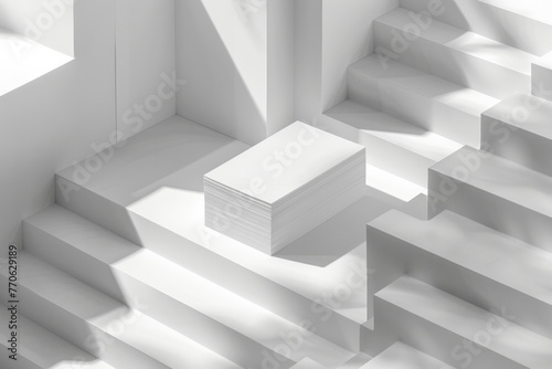 Striking abstract rendering of white stairs with light and shadows creating depth and intrigue
