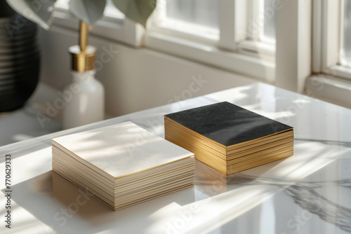 Two stacks of business cards positioned neatly on a shiny surface with sunlight illuminating the scene through a window