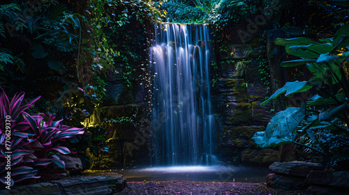 A night shot of a lit-up waterfall creating a magical and mystical ambiance.