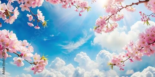 Branches blossoming cherry on background blue sky and white clouds in spring on nature outdoors. Pink sakura flowers, amazing colorful dreamy romantic artistic image spring nature, banner format.