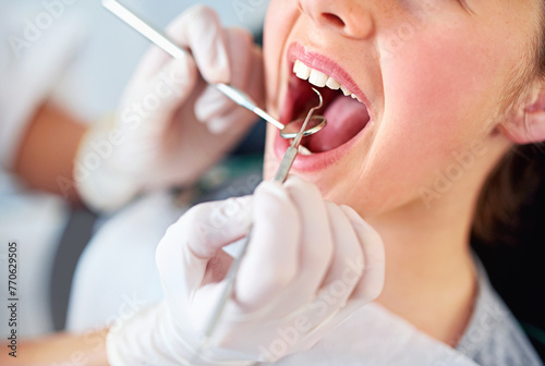 Obraz na płótnie Girl, kid and mouth inspection at dentist with healthcare tool, consultation or dental mirror for oral health