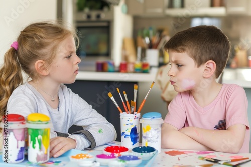 kids with painting supplies, disagreeing about color choices