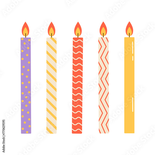 Set of birthday candles. Flat vector illustration isolated on white background