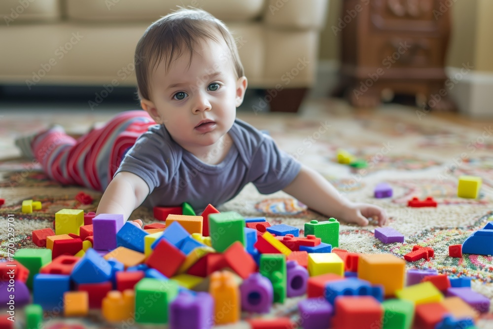 toddler surrounded by colorful blocks on carpet toddler surrounded by colorful blocks on carpet