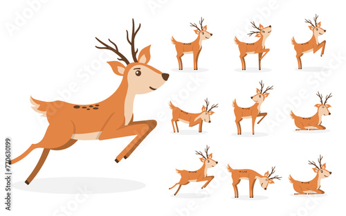 Set of brown deer running and jumping. Beautiful stylized cartoon deers isolated on a white background. Cartoon character animal design. Vector illustration in flat style