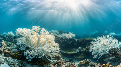A once vibrant coral reef now bleached and lifeless a victim of rising sea temperatures.