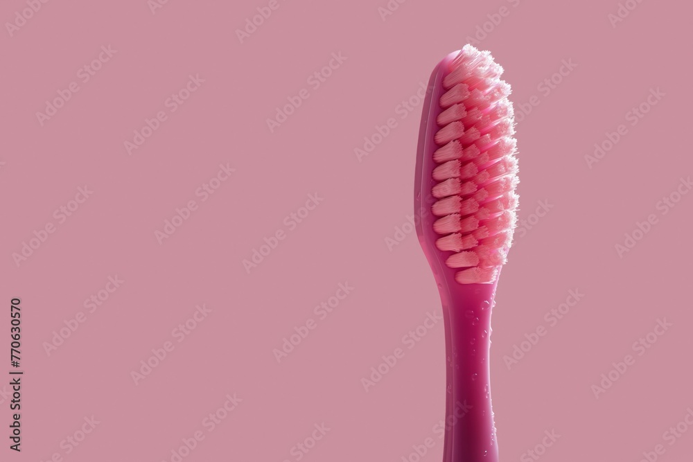 Fototapeta premium Soft pink toothbrush on a matching background, focusing on bristles, suggesting gentle dental care