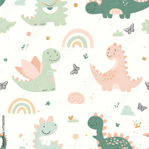 Seamless design cute dinosaurs pattern pastel kid wallpaper. generative ai © alexandre