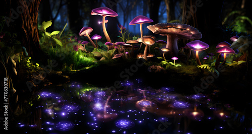 many glowing mushrooms are next to some water