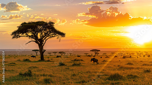 A panoramic view of a vast savannah at sunset with silhouettes of acacia trees and grazing wildlife.