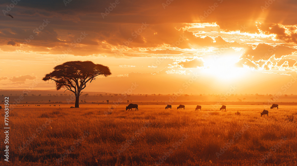 A panoramic view of a vast savannah at sunset with silhouettes of acacia trees and grazing wildlife.
