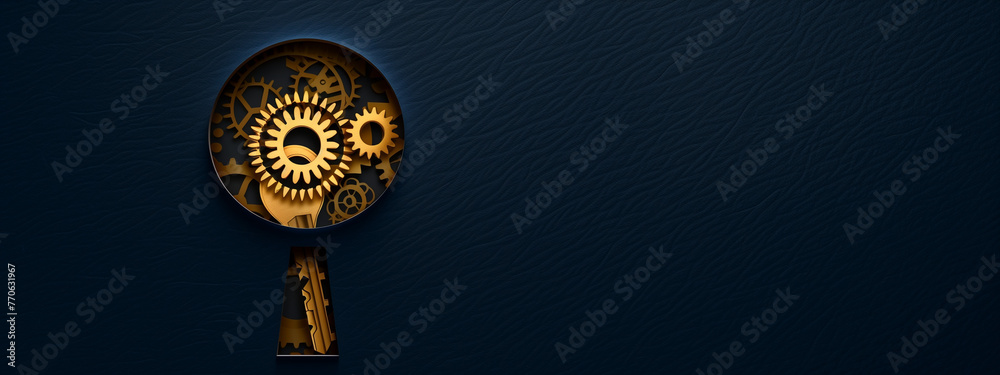 Golden Gears in Keyhole Design on Textured Blue Background - obrazy, fototapety, plakaty 