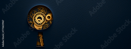 Golden Gears in Keyhole Design on Textured Blue Background