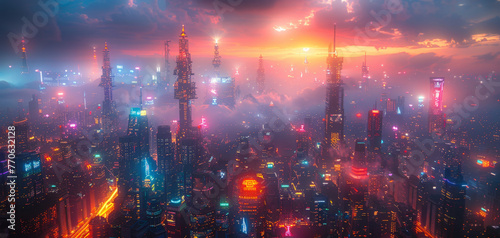 City of a future against dramatic sunset sky with clouds. Huge Futuristic building with bright neon lights. Wallpaper in a style of cyberpunk.