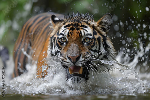 Tiger in water, undomesticated cat, feline, bengal tiger, close-up