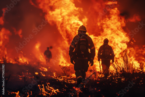 Firefighters in field with flames, outdoors, military, army, fire