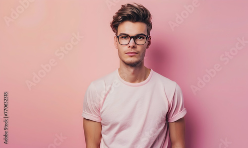 handsome man wearing T-shirts mockup empty in pink t shirt