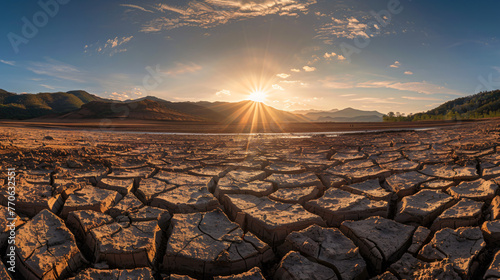 A parched cracked earth landscape under a scorching sun illustrating severe drought conditions. photo