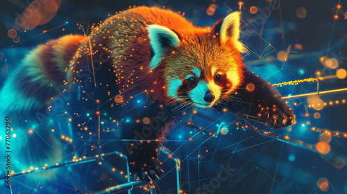 Futuristic Red Panda in Neon Network Illustration