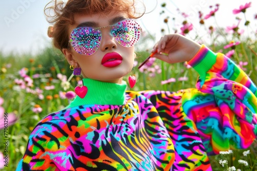 In a field of flowers, a woman showcases stylish sunglasses and a vibrant neon-colored outfit