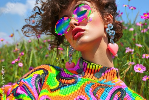 Close-up of an individual wearing unique heart-shaped earrings and a bright neon sweater against a natural backdrop