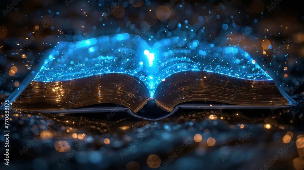 A blue digital book shines with rays and particles against a black backdrop, showcasing the future of global online education through study, science, and cutting-edge technology like generative AI. - obrazy, fototapety, plakaty 