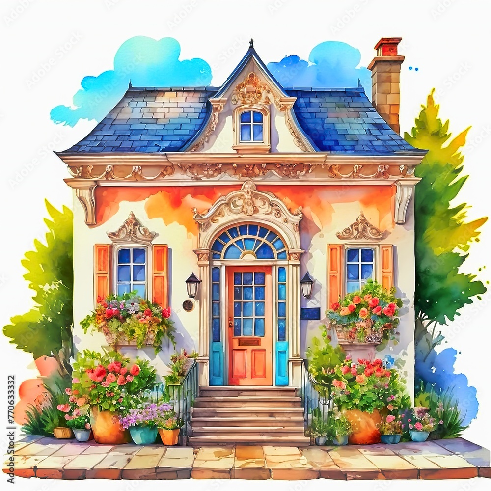 Watercolour, a cute house facade on a white background