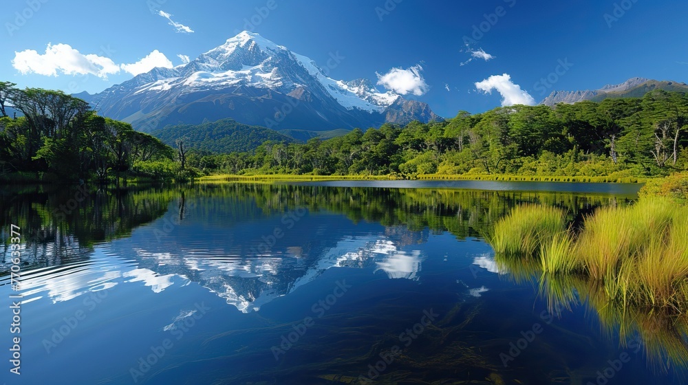Majestic mountain reflected in a tranquil lake with lush greenery under a clear blue sky.