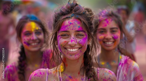 woman is celebrating holi festival with her friends