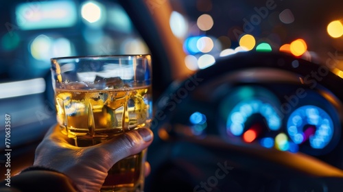 A man holds a glass of alcohol in his hand. Drinking beer while driving a car.