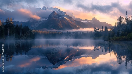 Serene lake with mountain reflection at sunrise  mist over water  scenic landscape.