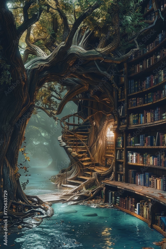Imagine a majestic ancient tree with a large hollow trunk that contains a complex maze of books and shelves, creating a mystical and enchanting environment in a fantasy world.