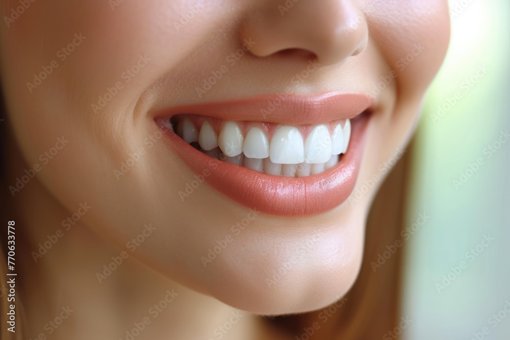 Obraz premium Close-up of a smiling woman showcasing her brilliant white teeth after a dental procedure