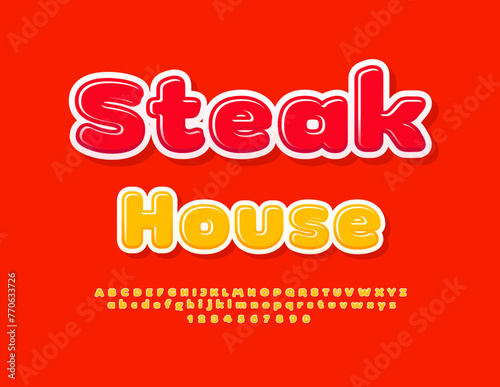Vector advertising banner Steak House. Creative Glossy Font. Modern Alphabet Letters and Numbers set.