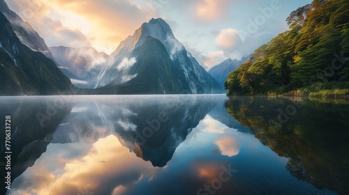 Majestic mountain landscape with serene lake reflection at sunrise.