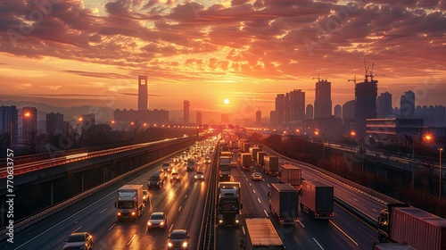 Sunset Over Busy Highway Interchange, Urban Transportation Scene with Blurred Motion of Vehicles