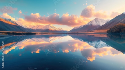 Serene lake at sunrise with reflections of surrounding mountains and colorful sky. © Mosphotobox