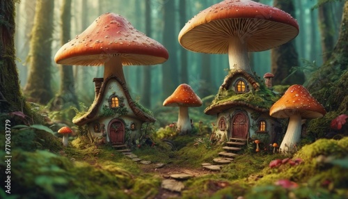An enchanting digital artwork of a whimsical mushroom village nestled in a magical forest, inviting imagination