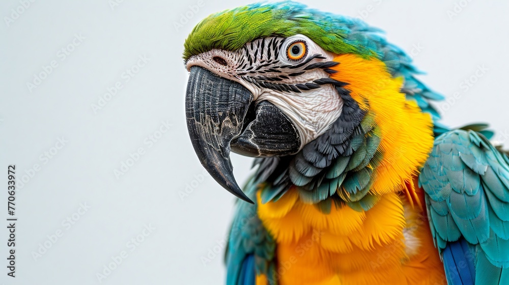 Illustrate a photorealistic image of a macaw its colors vibrant