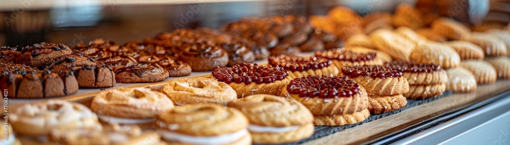 Beautifully arranged assortment of handmade cookies and pastries showcased in a stylish bakery storefront, featuring a blend of unique flavors and visual appeal Beautifully arranged assortment of handmade cookies and pastries showcased in a stylish bakery storefront, featuring a blend of unique flavors and visual appeal