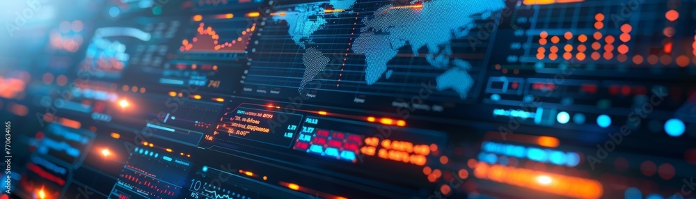 Fototapeta premium A comprehensive look at a financial display on a laptop screen, showcasing up-to-the-minute worldwide economic information