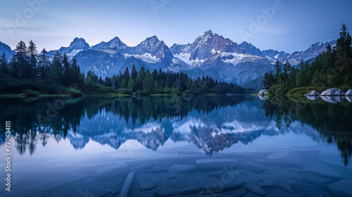 A peaceful mountain lake reflecting the crisp snow-capped peaks under a twilight sky.