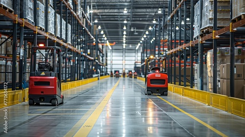 Warehouse Aisle with Modern Forklifts Maneuvering Between Tall Shelves