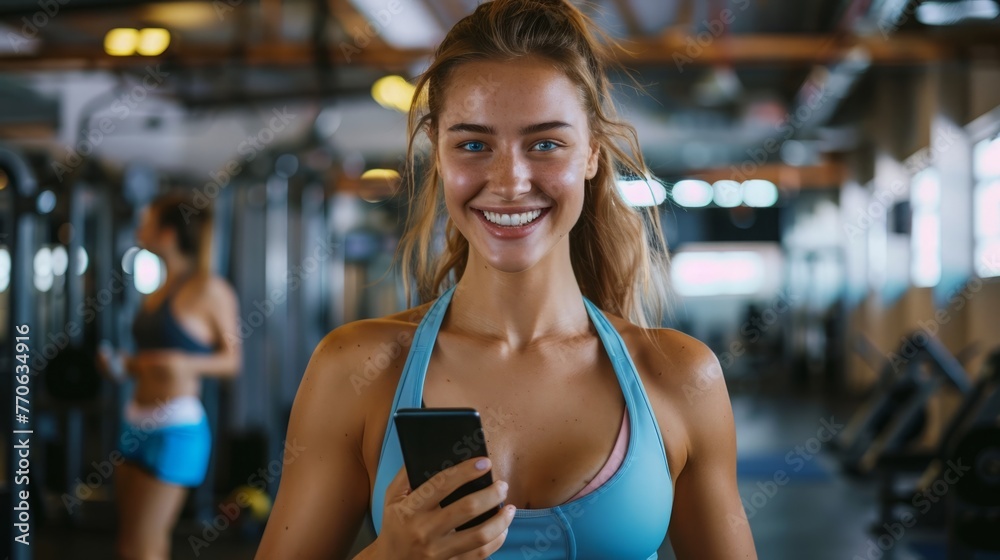 Beautiful smiling girl in a blue sports bra and a phone in her hand in the gym. Front view.